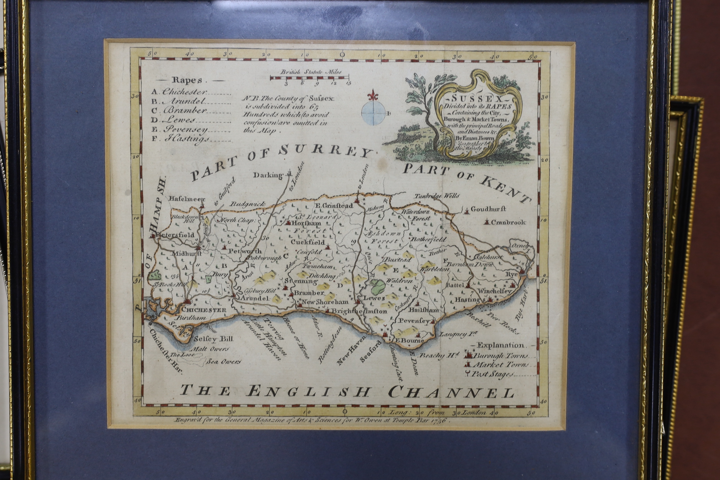 Eight framed 18th and 19th century maps of Sussex, etc., including maps by; Langley, Eman Bowen, Cary, etc. largest 22 x 27cm